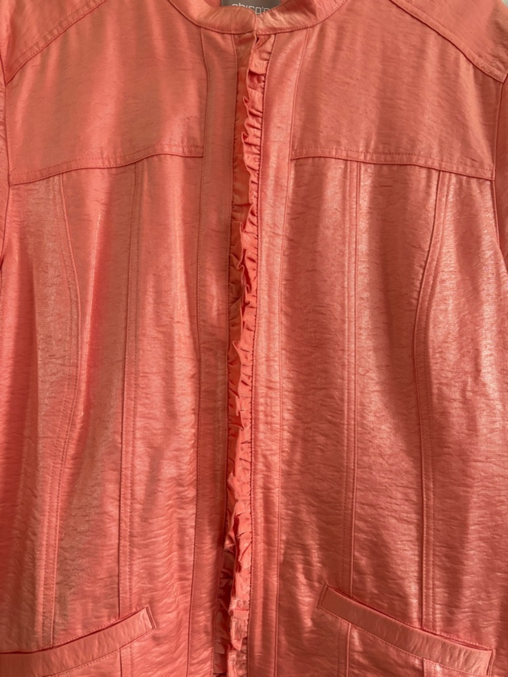 ❤️2/$15 or 3/$2Chico’s Coral Pink Ruffled Front Jacket, Size 3/Women’s XL - Picture 7 of 11
